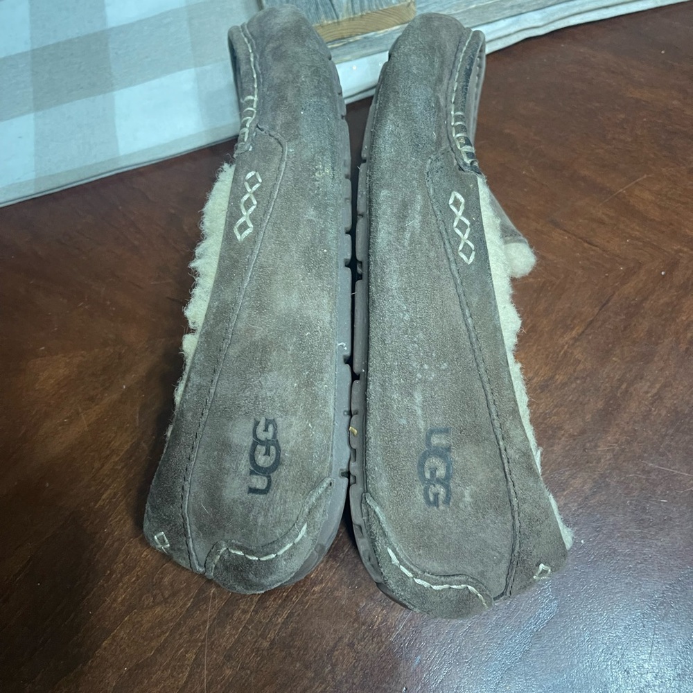 Women's Shoes UGG ANSLEY Suede Shearling Slip On  Moccasin Slippers 9 Chocolate - Picture 7 of 8